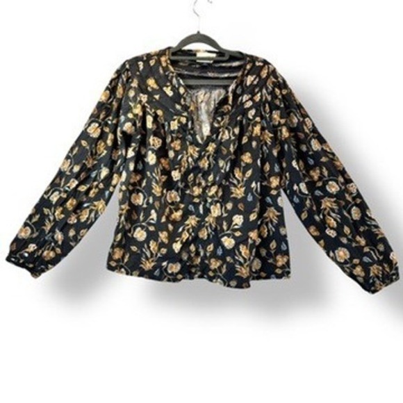 Universal Thread Floral Boho Print Long Sleeve Blouse Blue Yellow Womens Medium - Picture 1 of 6